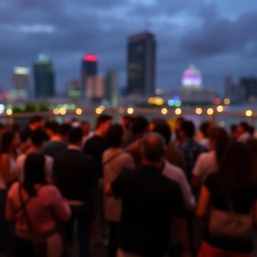 Blurred evening networking crowd on a rooftop with the Singapore skyline behind
