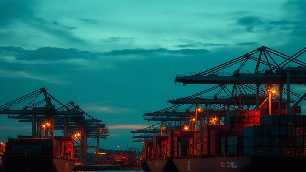 Container port cranes at dusk with stacked shipping containers