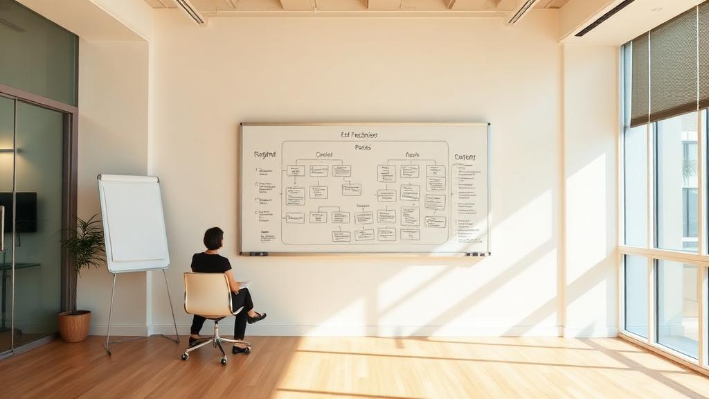 Empty bright meeting room with a whiteboard covered in a hand-drawn process diagram